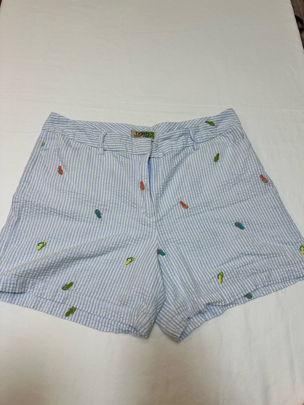 Tahiti Reef Club Cotton Summer Embroidered Flip Flop Seersucker Preppy Shorts 12